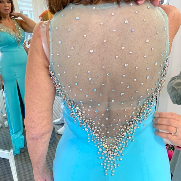 Panoply  Couture pageant gown.  aqua blue with side slit train, Ab crystals - Picture 7 of 9